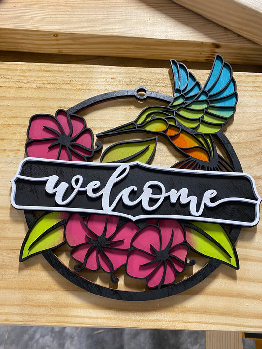 Modern Colorful Hummingbird Welcome Sign